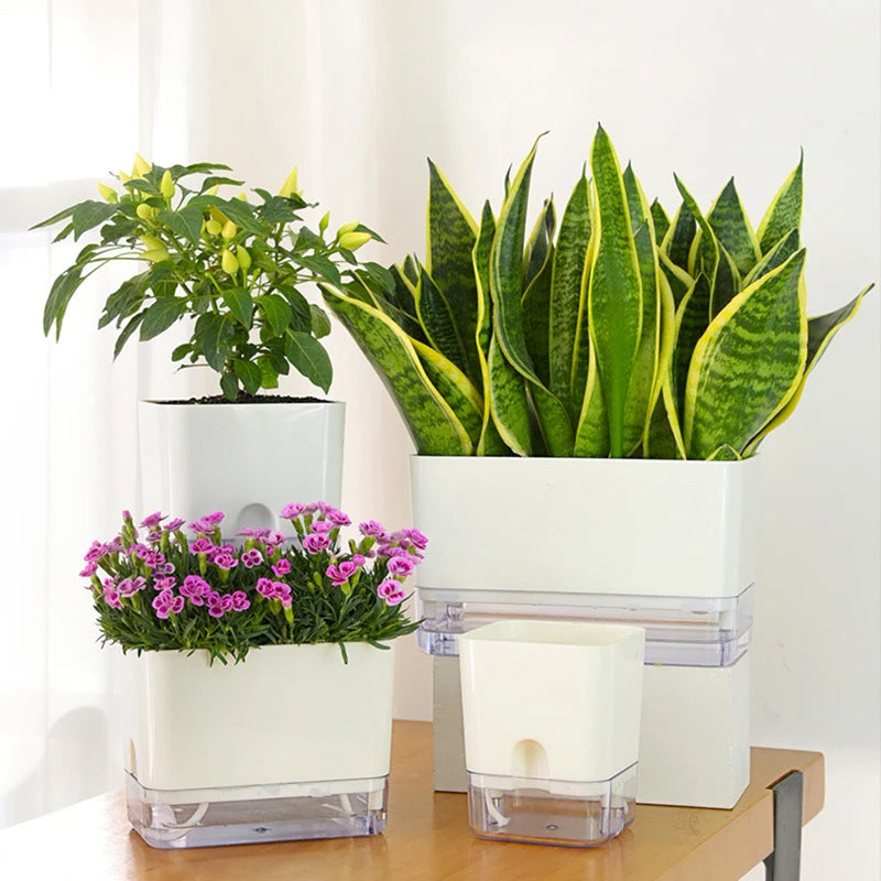 Double-Deck Self-Watering Planter Pot — Magnetic Plastic with Cotton Wick for Indoor & Garden Use