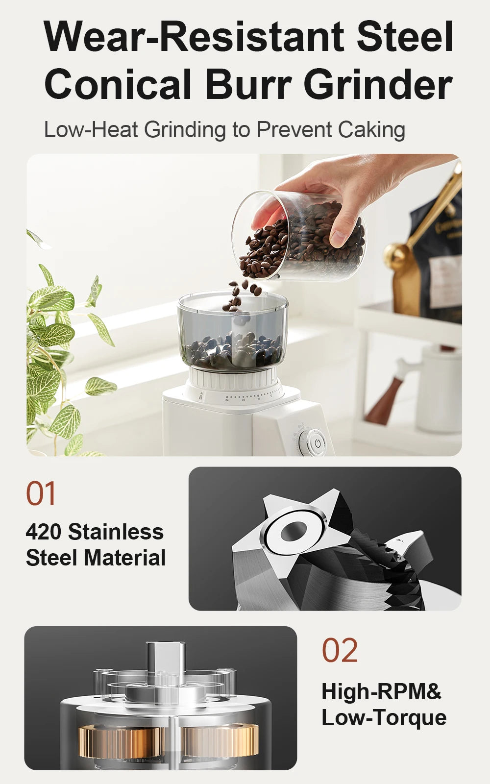 Couplux Electric Coffee Grinder – Precise Grinding with Detachable Funnel Stand 220V
