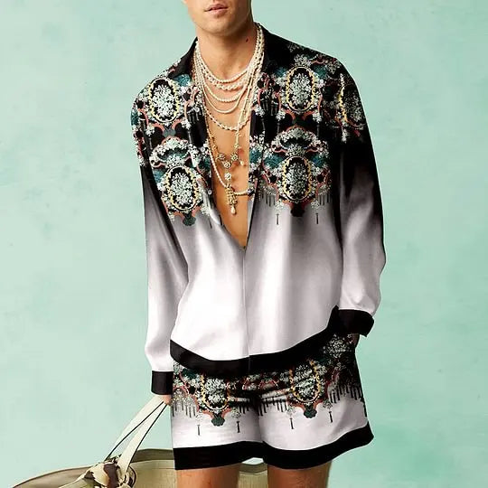 Men's Hawaiian Print Shirt & Drawstring Shorts Beach Vacation Set