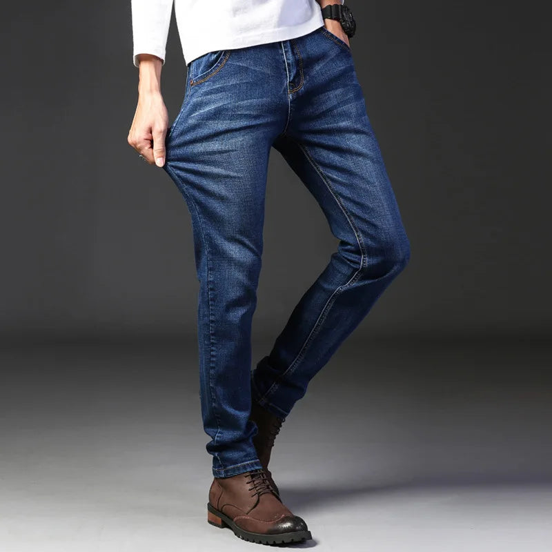 Men's Casual Straight Leg Jeans — Elastic Fit Classic Blue & Black Denim Pants