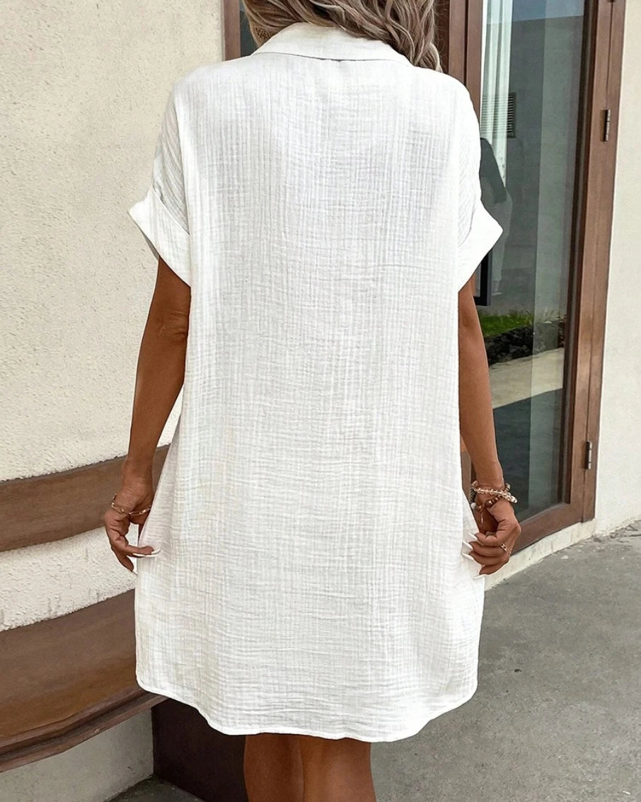 V-Neck Cotton Linen Mini Dress — Three-Quarter Sleeve Casual Holiday Dress