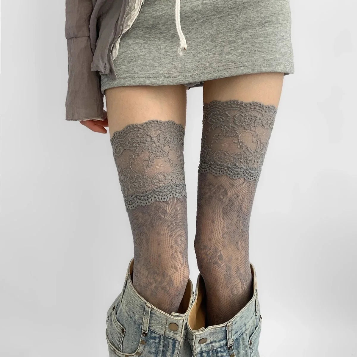 Women's Lace Thigh-High Stockings – Solid Color