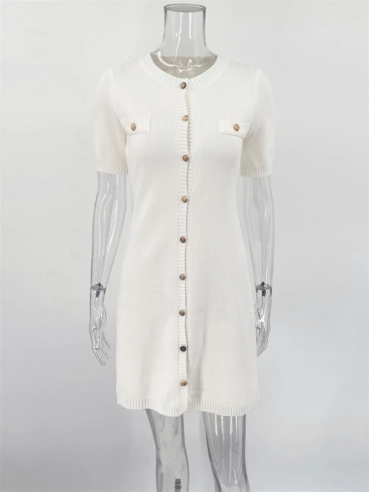 Elegant Knit Rib Mini Dress — High Waist Short Sleeve Bodycon Sweater Dress