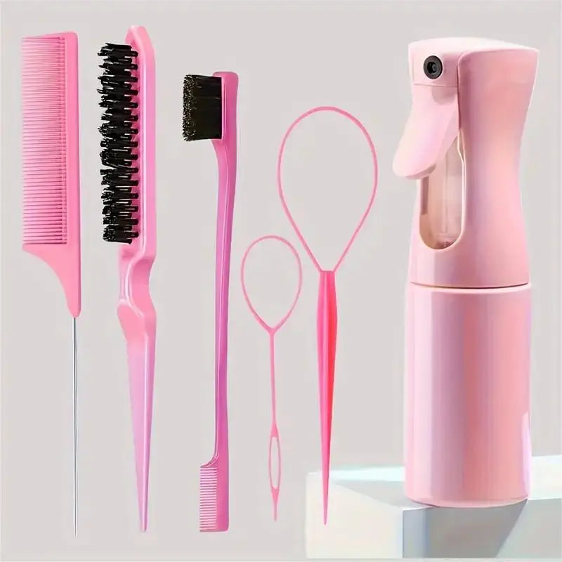 6-Piece Hair Brush Set – Spray Bottle, Braiding Loop, Rat Tail Comb & Edge Control Brush