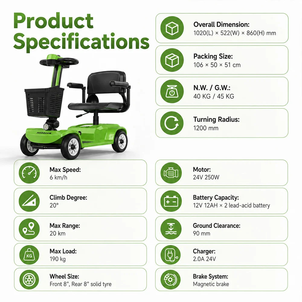 4-Wheel Mobility Scooter for Seniors – 24V 250W, 20 km Range