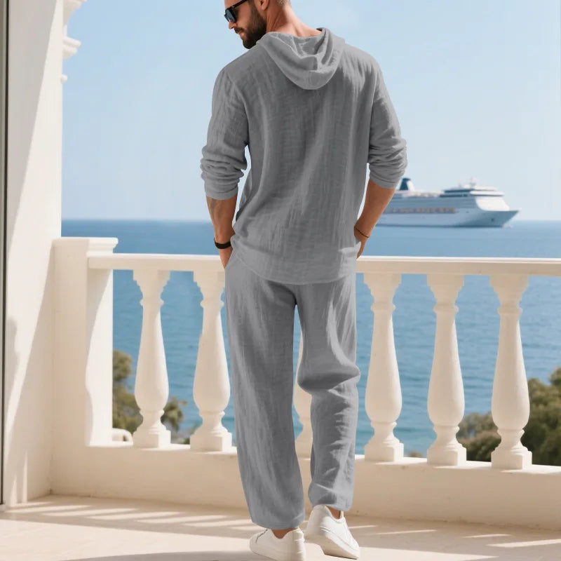 Men's Linen Casual Loose Hooded Henley Shirt & Long Pants Set – Relaxed Autumn 2-Piece Suit