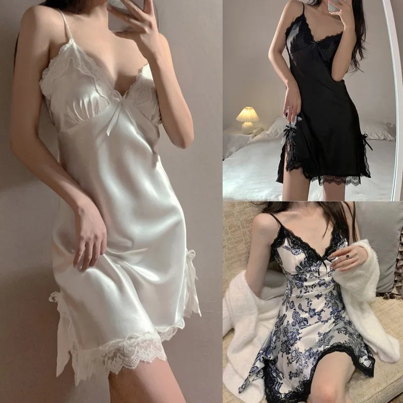 Women's Sexy Lace V-Neck Sleeveless Nightdress – Suspender Sleepwear for Ladies
