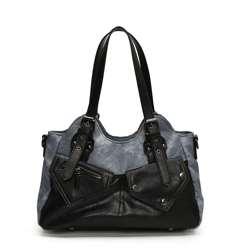 Retro Color-Block Satchel Shoulder Bag – European Style PU Leather Tote Handbag for Women