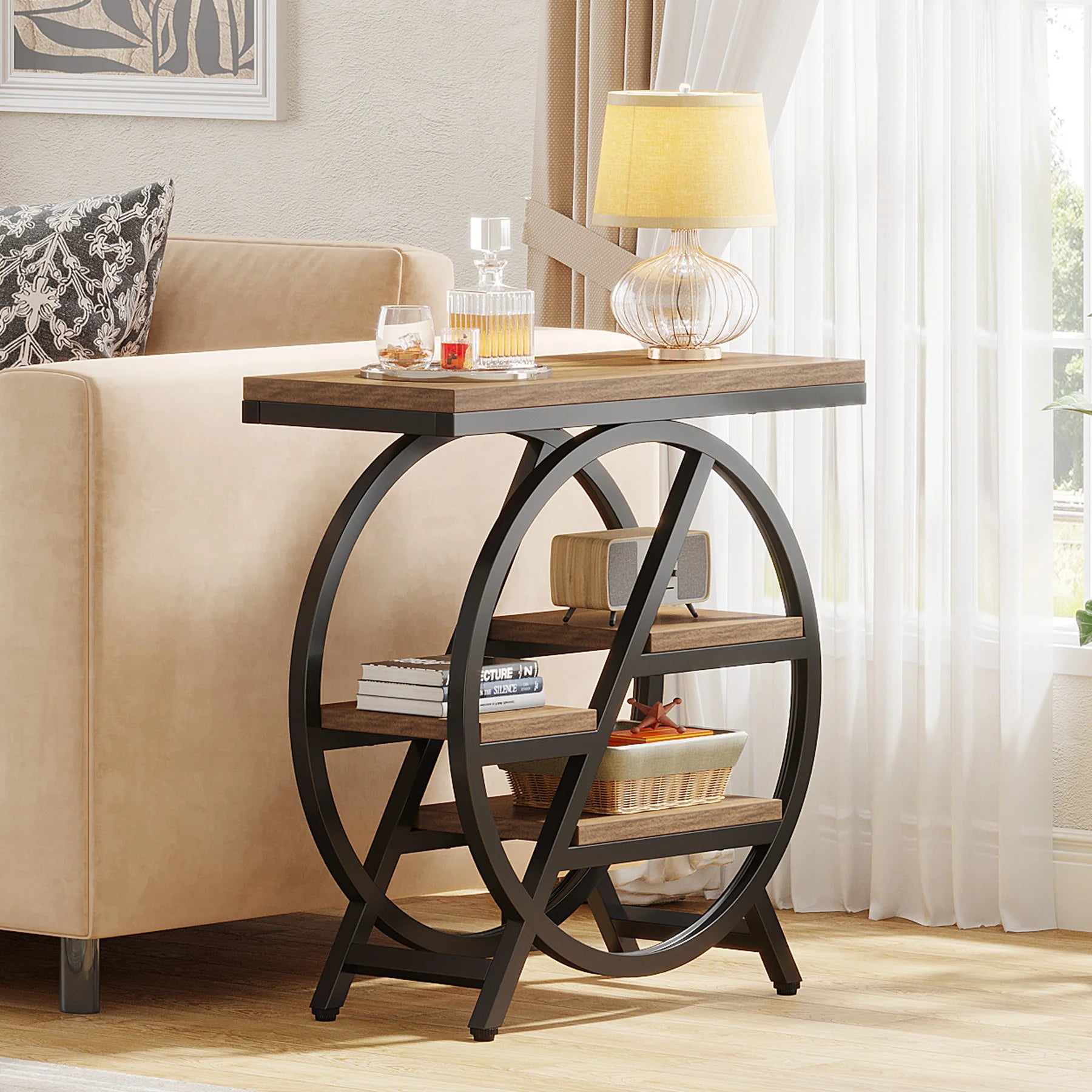 Tribesigns 3-Tier Narrow Side Table — Wood & Geometric Metal Frame