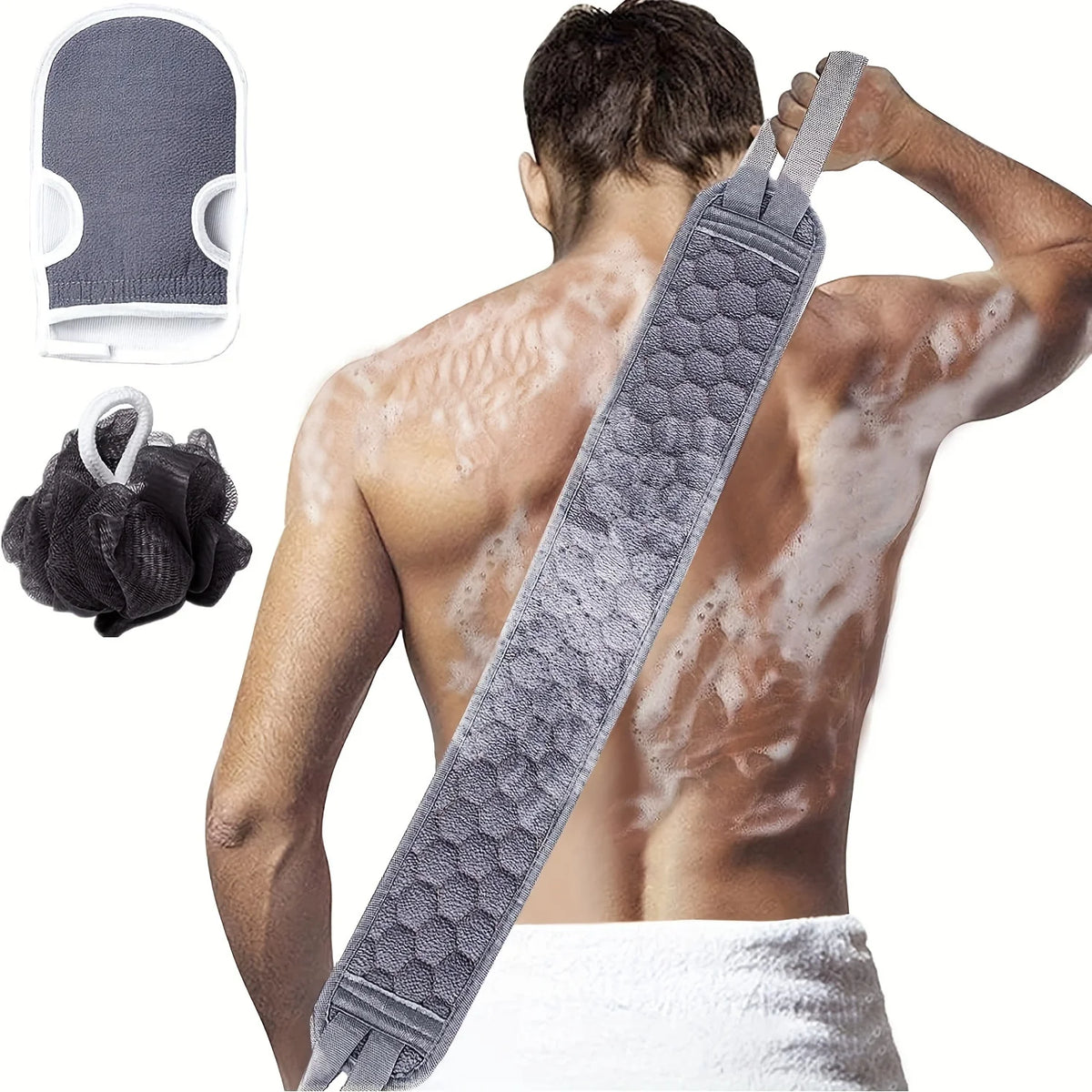 Exfoliating Body Scrubber Set – Back Scrubber, Bath Glove & Shower Loofah Sponge for Deep Clean