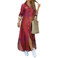 Lapel Literary Print Long Shirt Skirt Dress — Loose Single-Breasted Casual Women's Dress