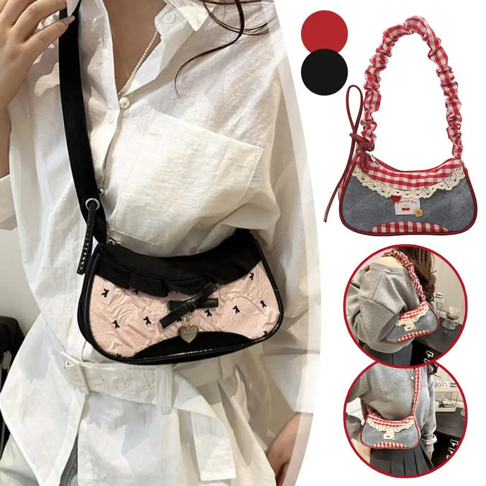Fashion Grid Lace Ribbon Shoulder Bag – Stretchable Underarm Bag for Daily Commuting & School