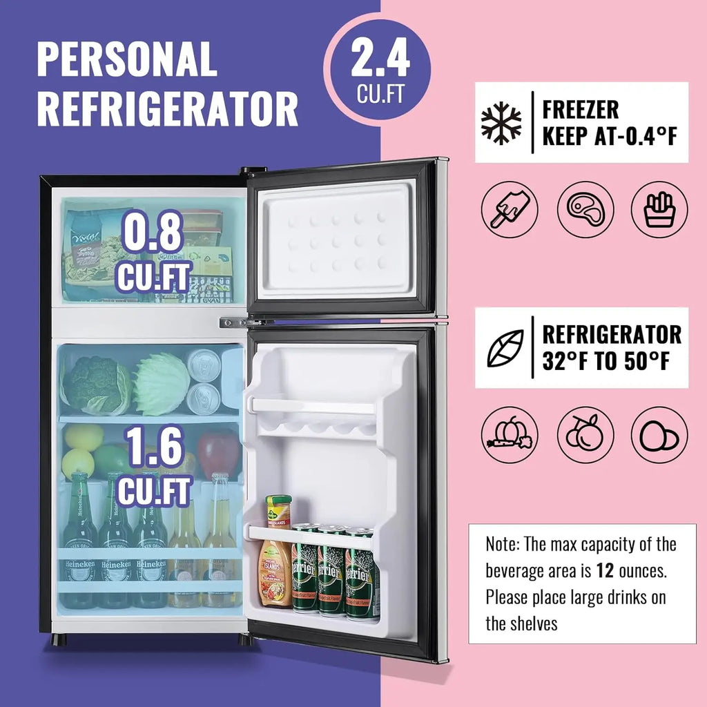 Silver Small Refrigerator with Freezer — 2.4 Cu Ft Compact Fridge with Removable Plastic Shelves for Home, Office & Dorm