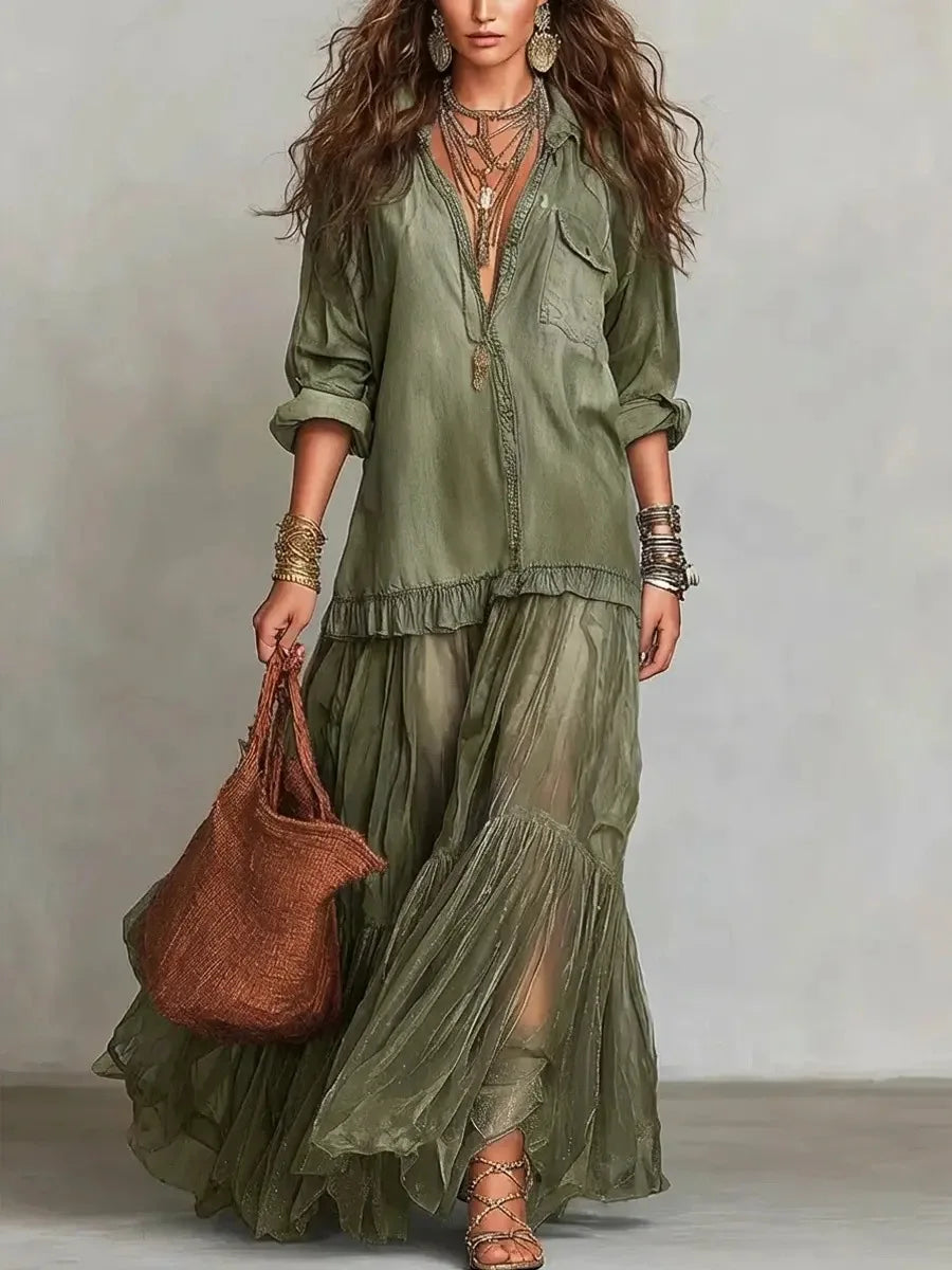 Denim Dress Women Dresses A Line Turn Down Collar Full Sleeve Ruffled Vintage Elegant Mesh Splice Work Causl Y2k Streetwear 2026