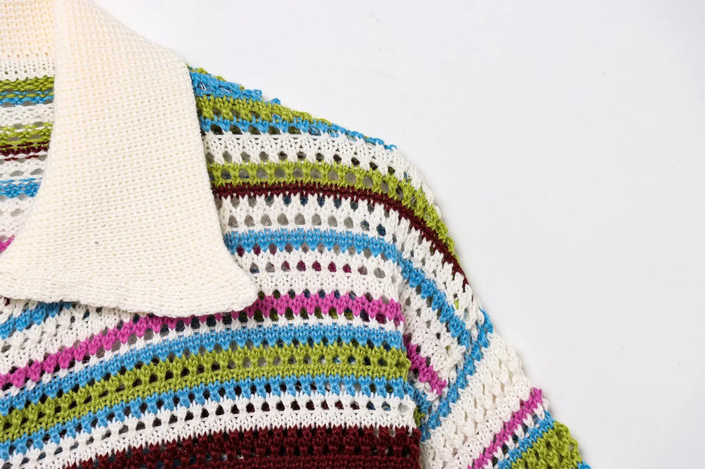 Women's Y2K Crochet Knit Crop Sweater & Shorts Set – Polo Collar Striped Patchwork Hollow Out