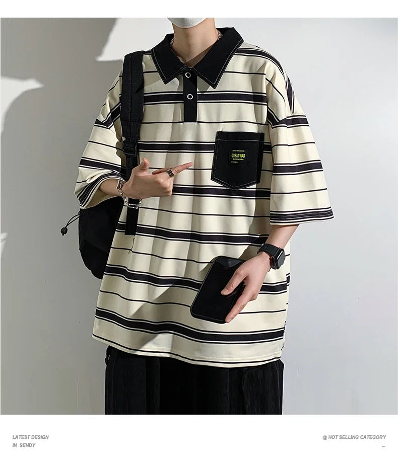 Men's Striped Polo Shirt — Loose Fit Short Sleeve Casual Summer Top