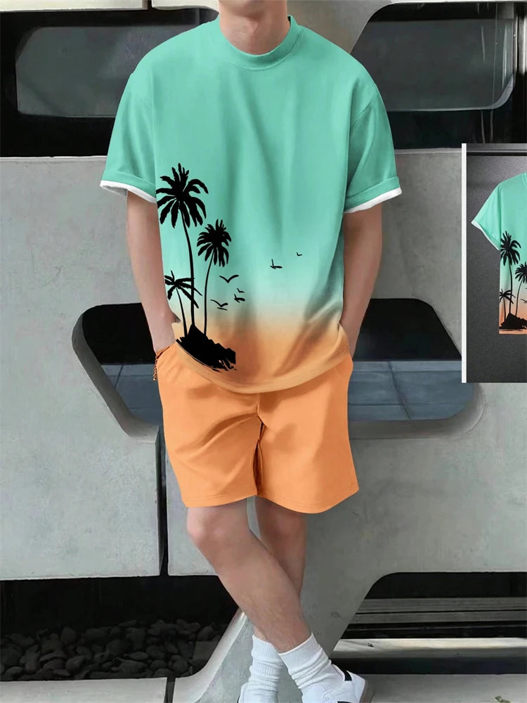 Men's Hawaiian Gradient Coconut Print T-Shirt & Pants 2-Piece Set – Beach Summer Sport