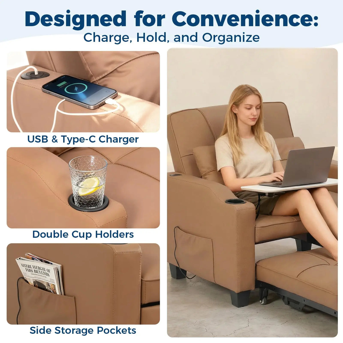 Convertible chair bed with USB charging ports, cup holders and side storage pocket