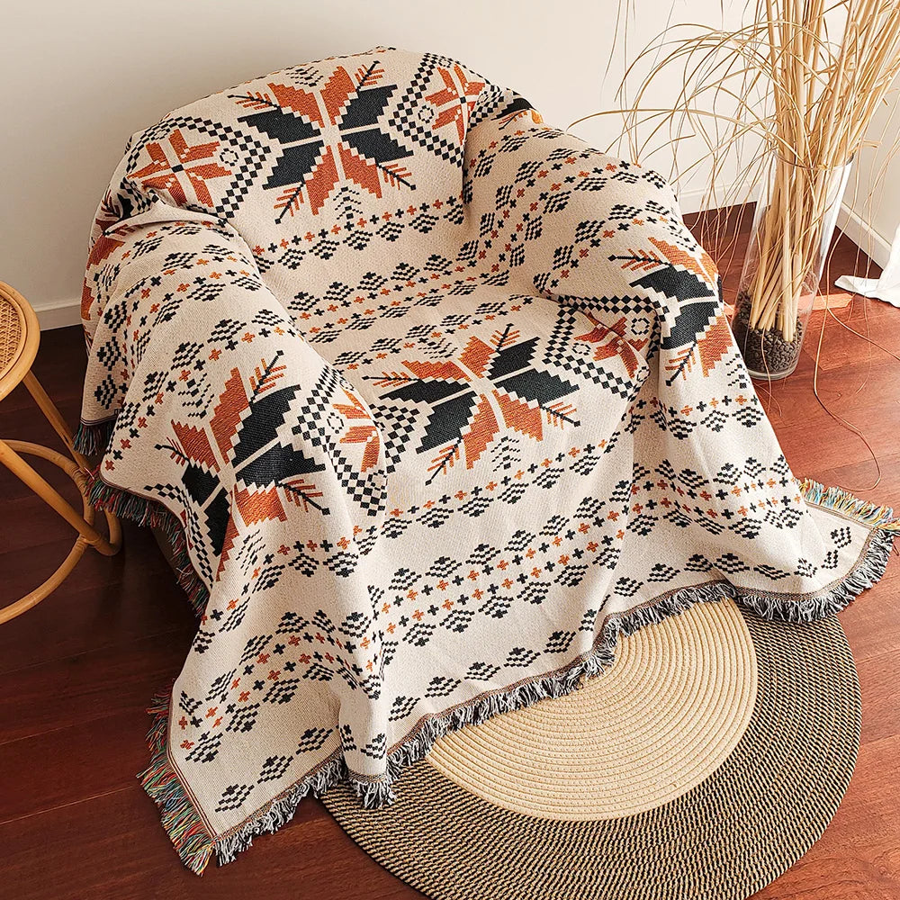 Aztec Boho Throw Blanket with Fringe – Oversized Southwestern Geometric Tapestry, Double-Sided Woven