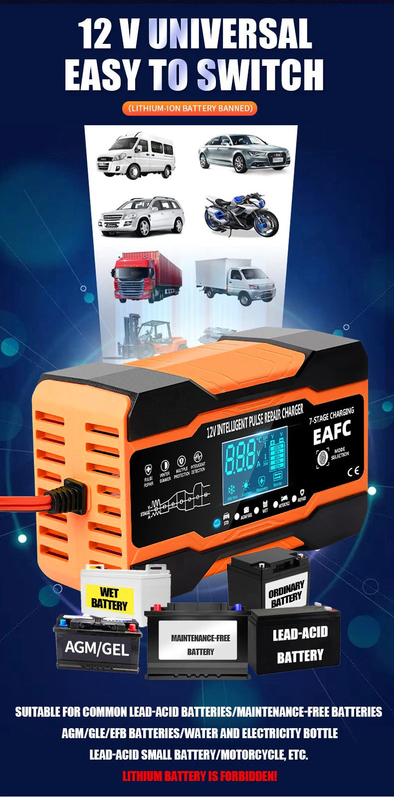 12V/24V Smart Battery Charger – 7-Stage Fast Charging & Pulse Repair for AGM, GEL, WET & Lead Acid Batteries