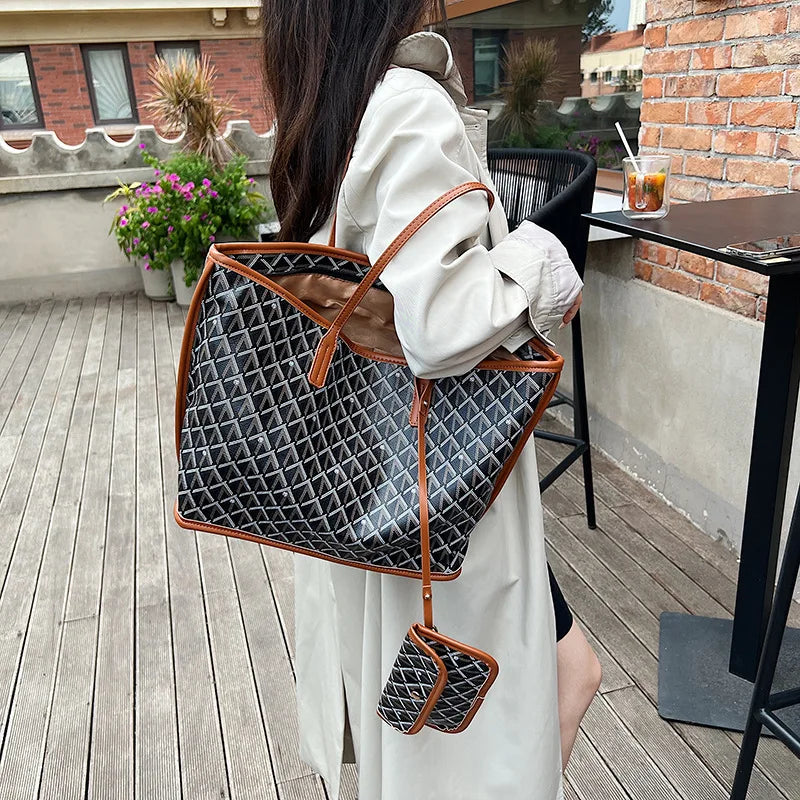 Embroidered Geometric PU Tote Shoulder Bag – Versatile Large Capacity Shopping Class Bag for Women
