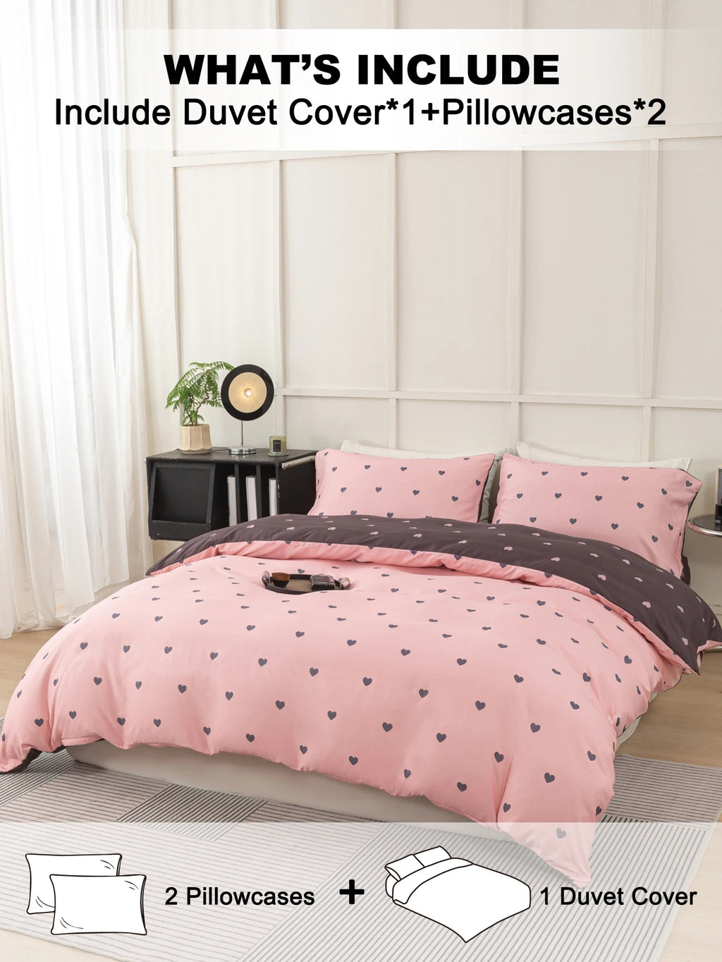 Heart Print Duvet Cover Set – Soft 3-Piece Bedding with 2 Pillowcases, 3 Colors & 11 Sizes