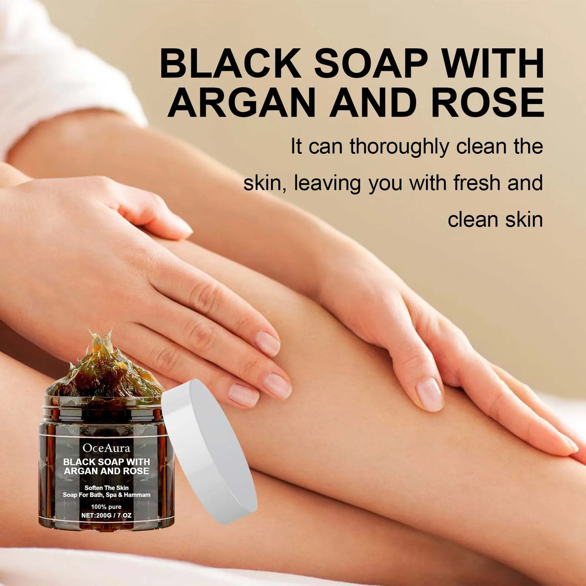 OceAura Black Soap with Argan & Rose – Beldi Dead Skin Remover, Body Scrub & Deep Cleansing, 200g