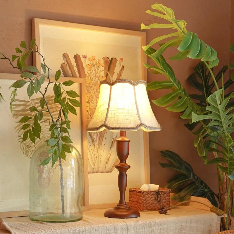 Wood Table Lamp – Vintage Fabric Shade
