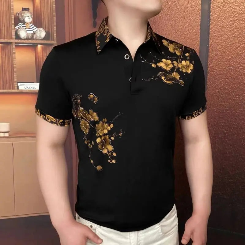 Men's Luxury Floral Embroidered Rhinestone Polo Shirt — Slim Fit Business Banquet Tee