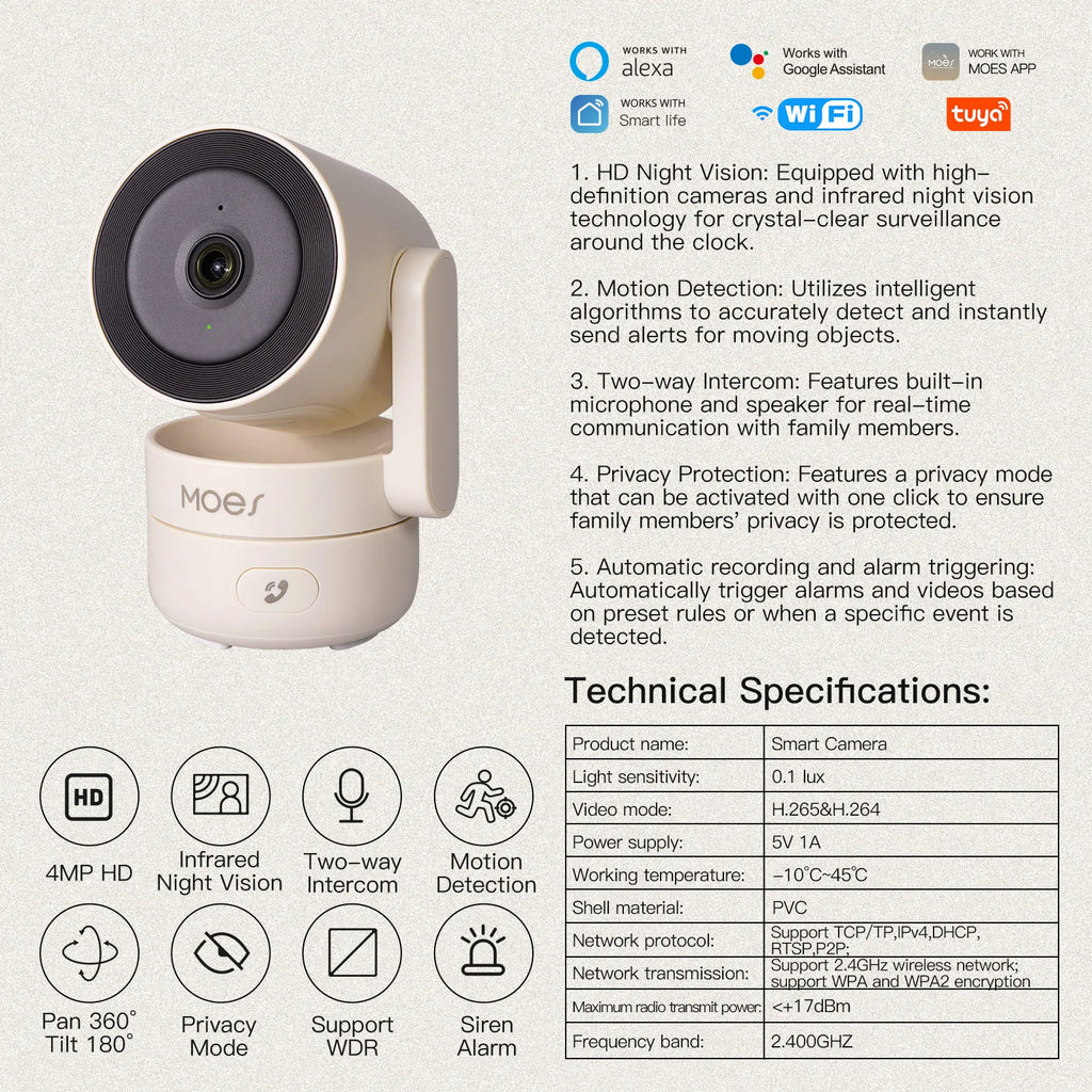4MP WiFi Indoor Pan/Tilt Security Camera – 360° Pan, IR Night Vision, Motion & Sound Detection | Alexa & Google