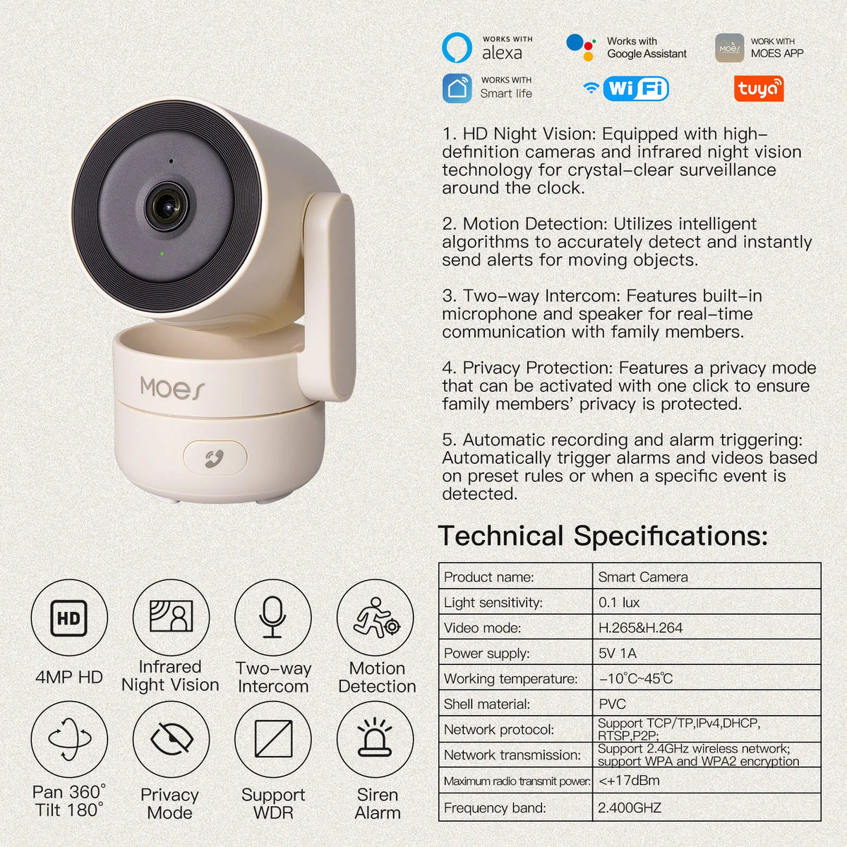 4MP WiFi Indoor Pan/Tilt Security Camera – 360° Pan, IR Night Vision, Motion & Sound Detection | Alexa & Google