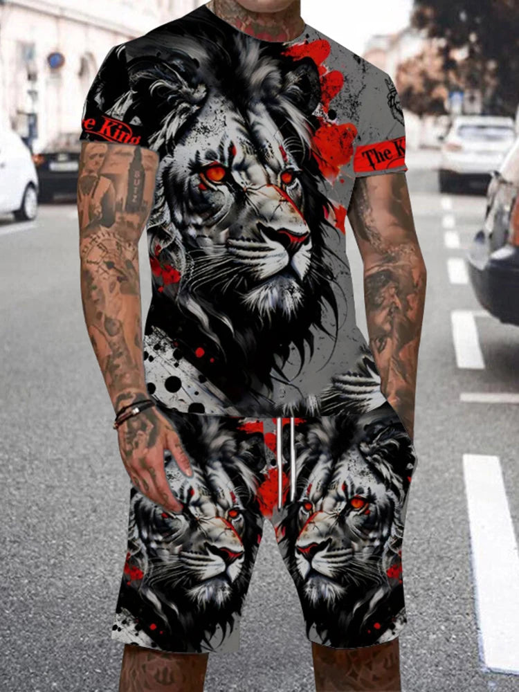 Men's Lion King 3D Print T-Shirt & Drawstring Shorts Set – Casual Outdoor Camping 2-Piece