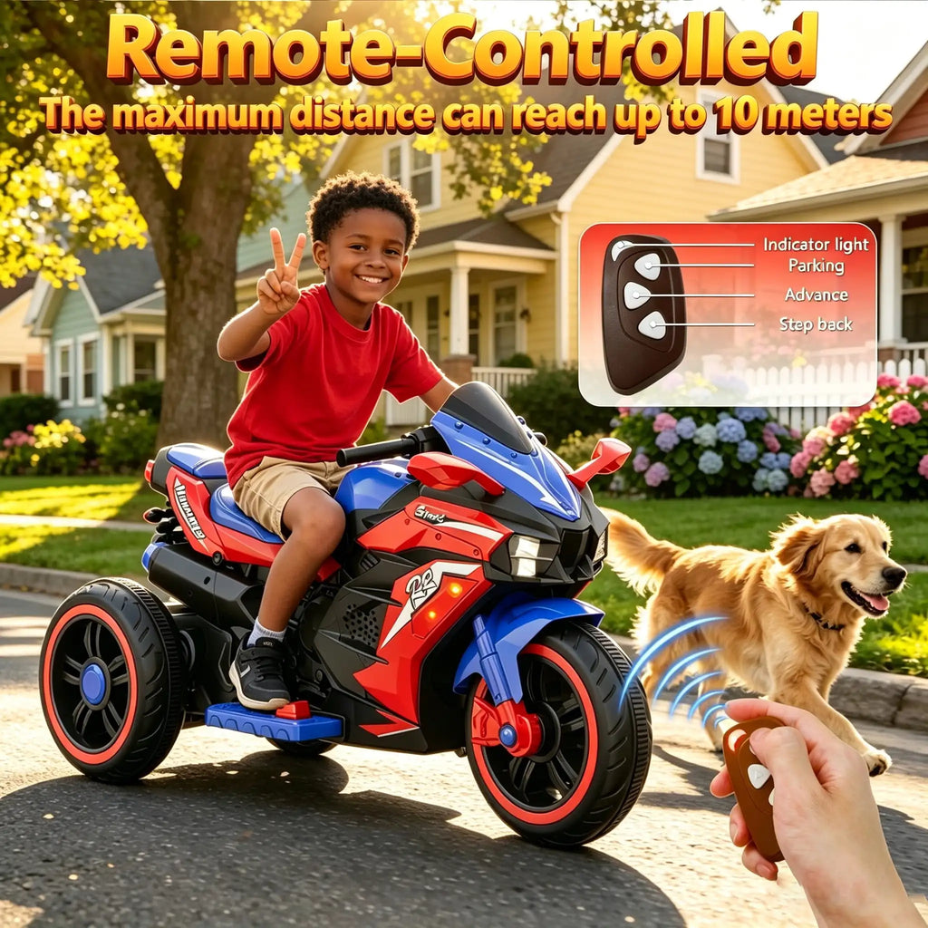 12V Kids Ride-On Motorcycle – Three-Wheel Electric Toy with Remote
