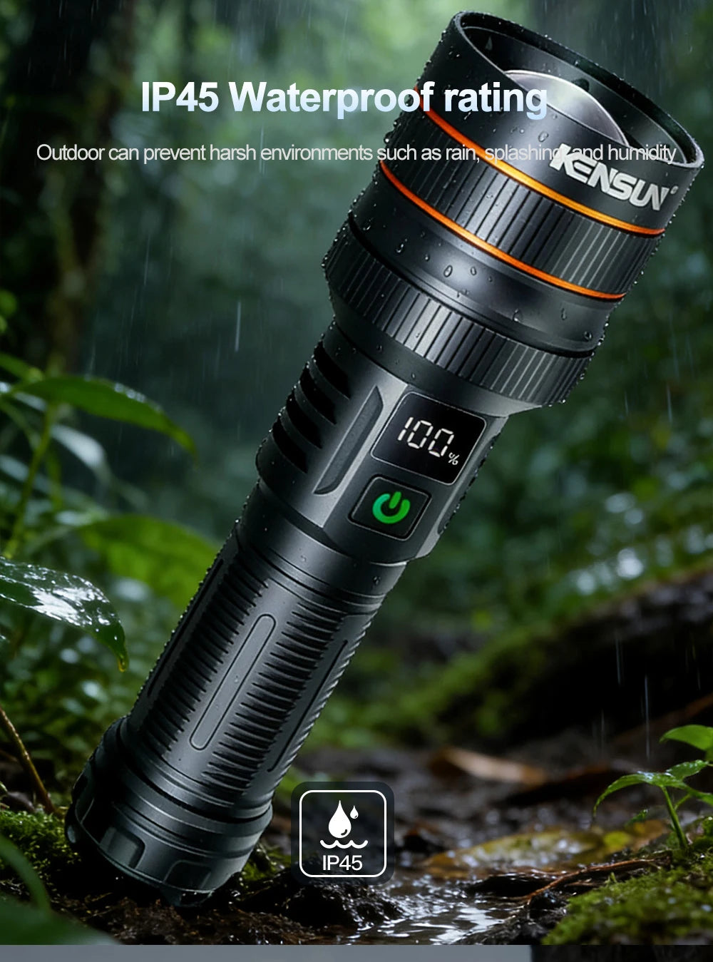 2500 Lumen Long Range LED Flashlight – IPX7 Waterproof, Type-C, 5 Modes, Power Bank Function