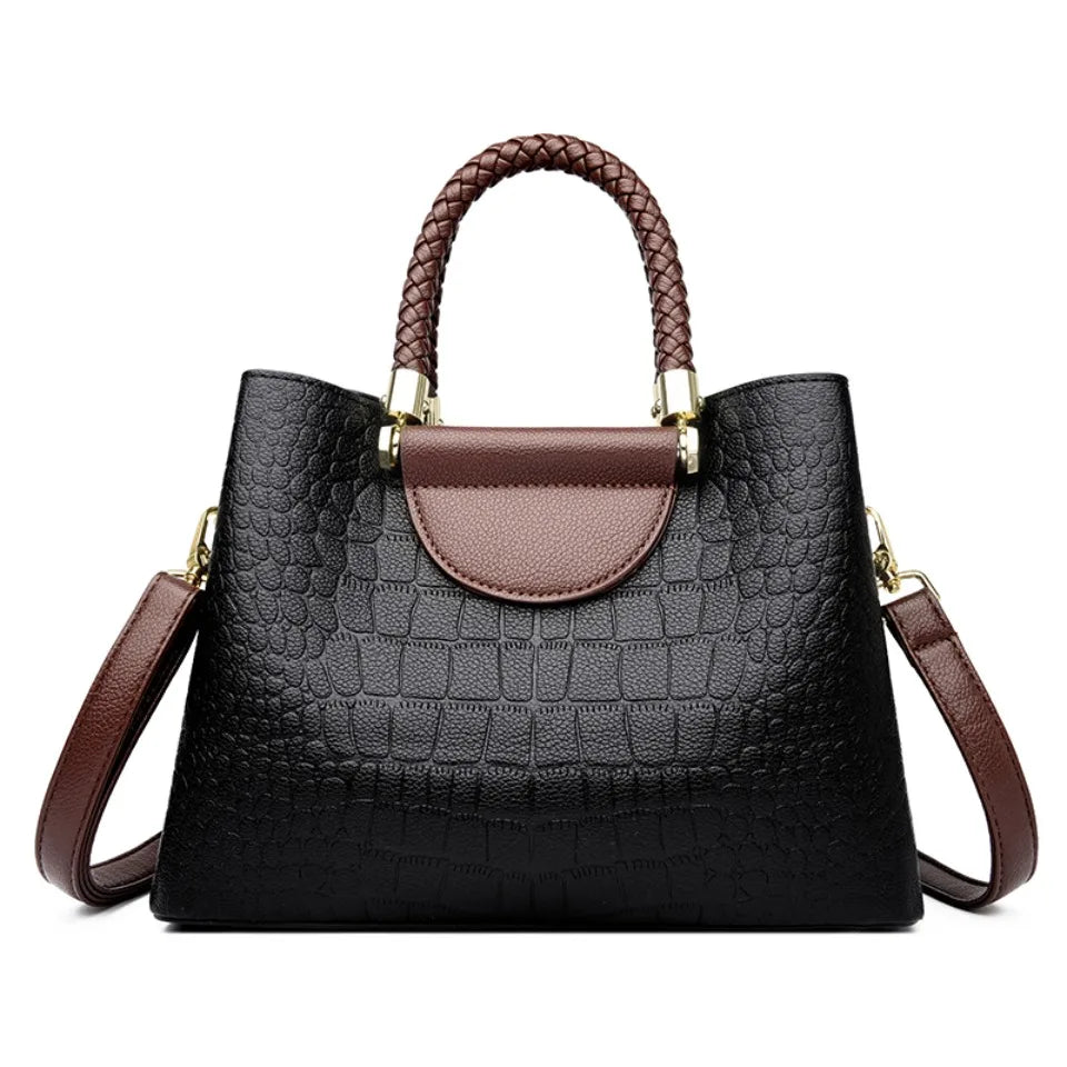 VANDERWAH Woven Handle Alligator Microfiber Leather Tote – Luxury Designer Shoulder Handbag for Women