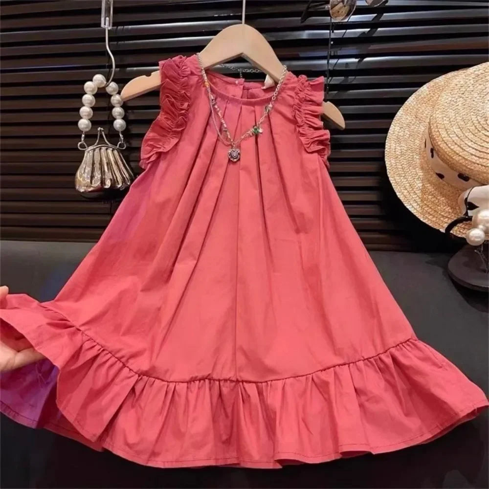 Korean Sleeveless Pleated Girls Dress — Solid Color Round Neck Summer Kids Dress