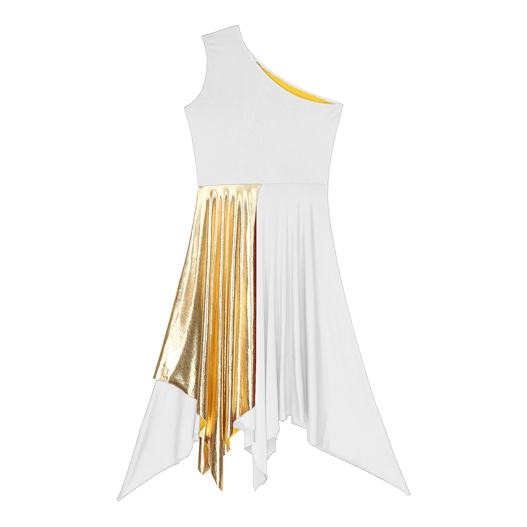 One Shoulder Irregular Hem Dance Performance Dress — Lyrical Worship Dancewear Costume