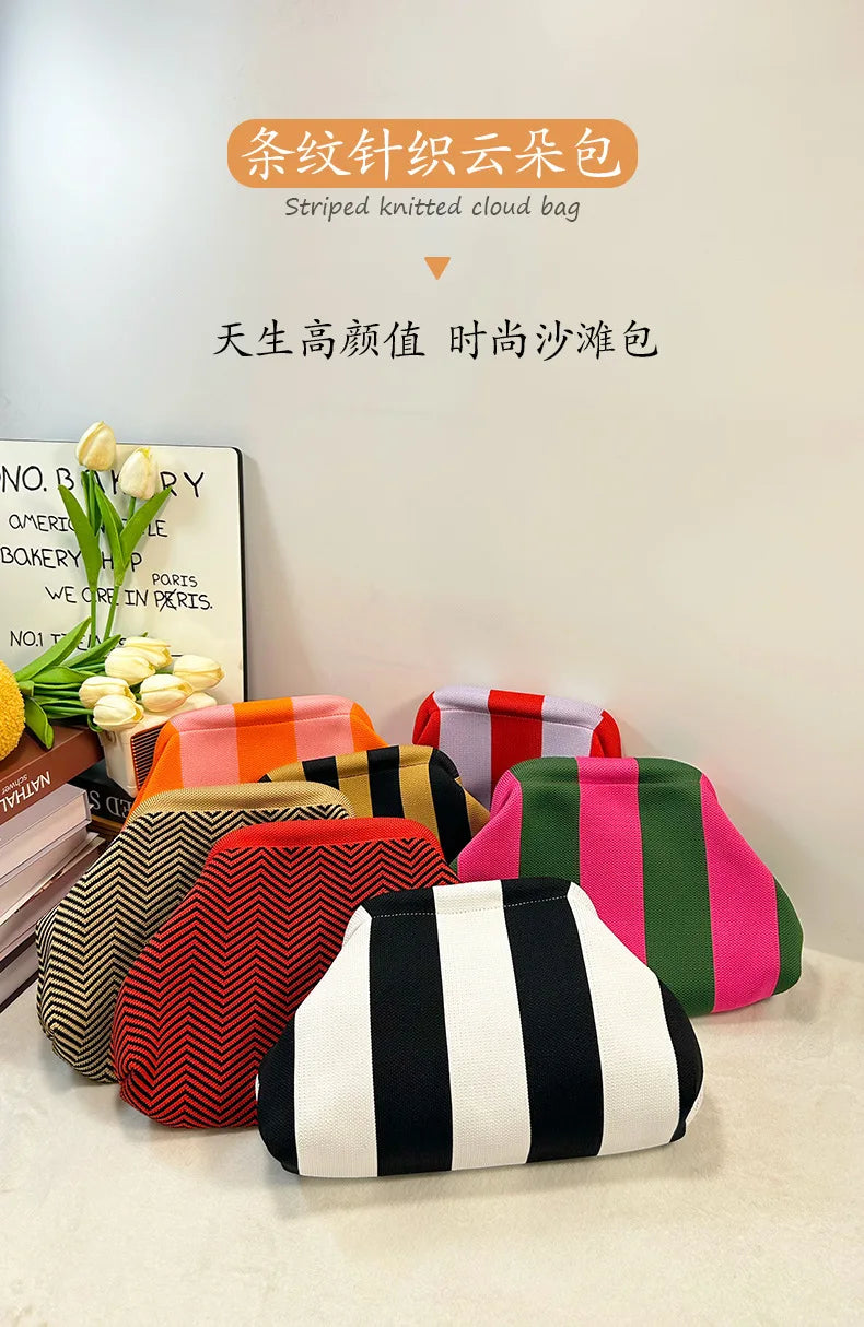 Woven Crochet Cotton Clutch Bag – Colorblock Knit Dumpling Cloud Purse for Women