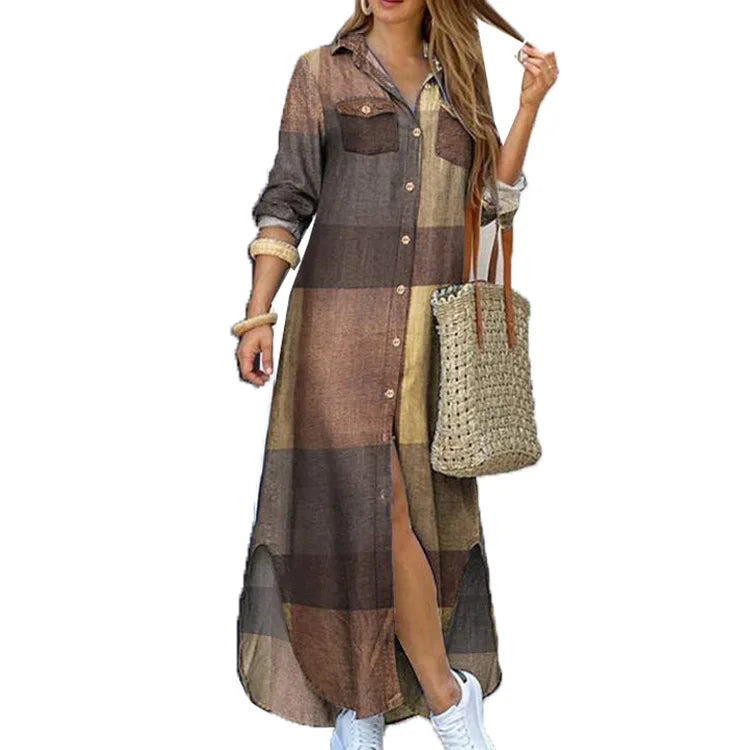 Lapel Literary Print Long Shirt Skirt Dress — Loose Single-Breasted Casual Women's Dress