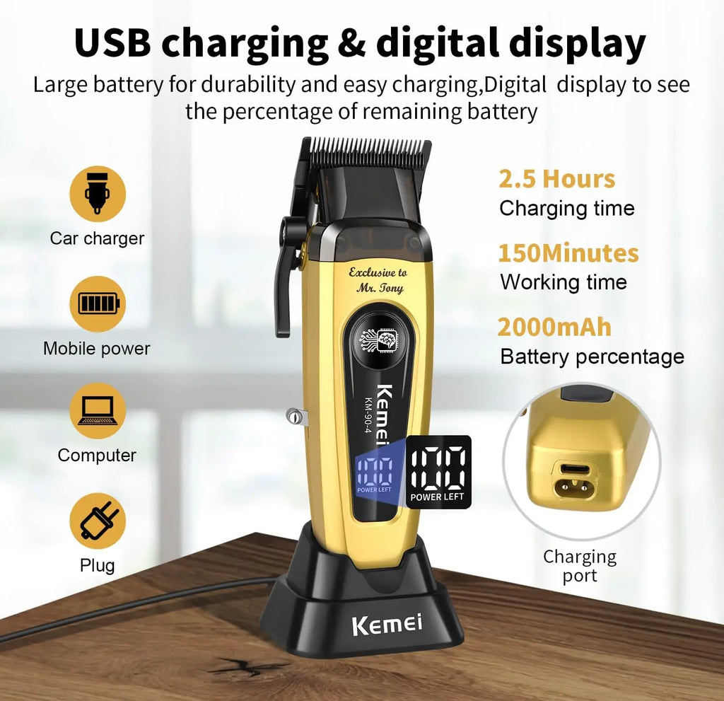 Kemei KM-90 Professional Hair Clipper Set – DLC Blade, Brushless Motor, 11,500 RPM, Cordless Barber Kit