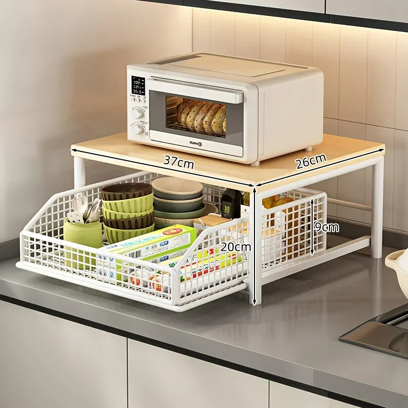 Modern Solid Wood & Metal Microwave Storage Rack — Space-Saving Countertop Kitchen Shelf