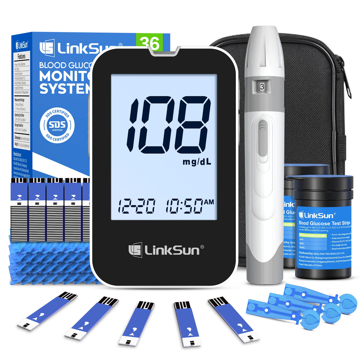 LinkSun G-425-2V Blood Glucose Meter Kit – No Coding Glucometer with Large Display, 5-Second Results for Home Diabetes Testing