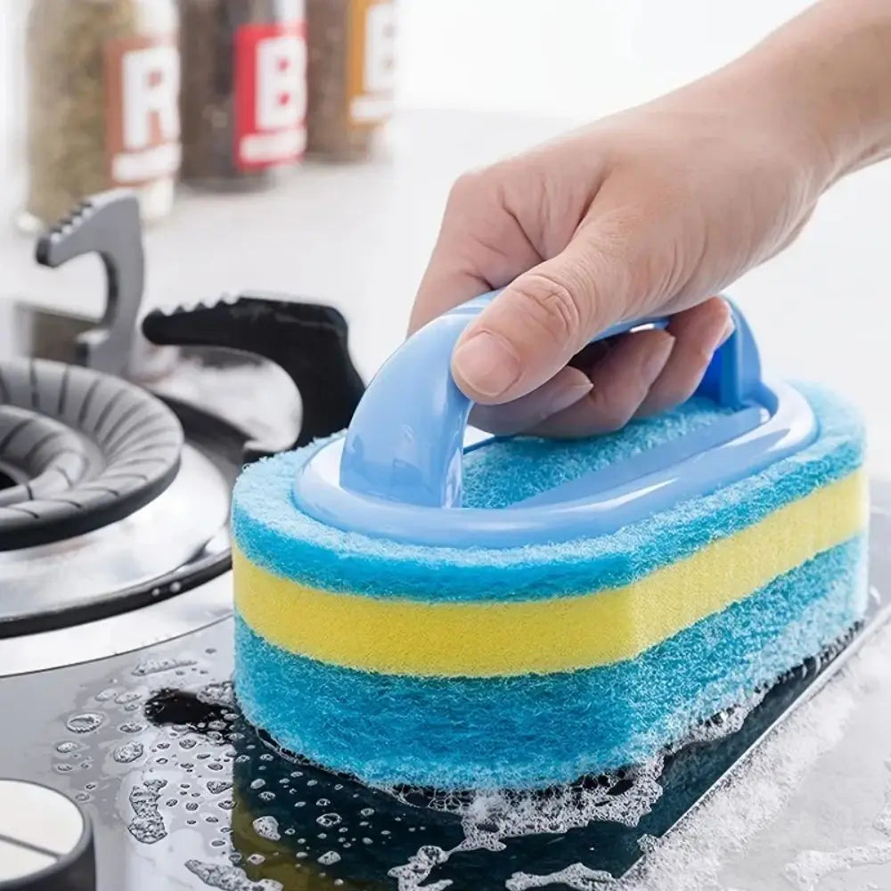 Multi-Functional Cleaning Sponge with Handle — Kitchen & Bathroom Scrubber