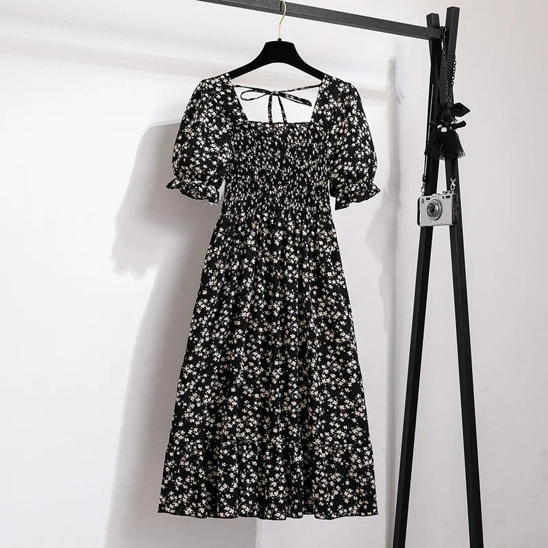 Chiffon A-Line Midi Dress — Elastic Waist Short Sleeve Casual Dress