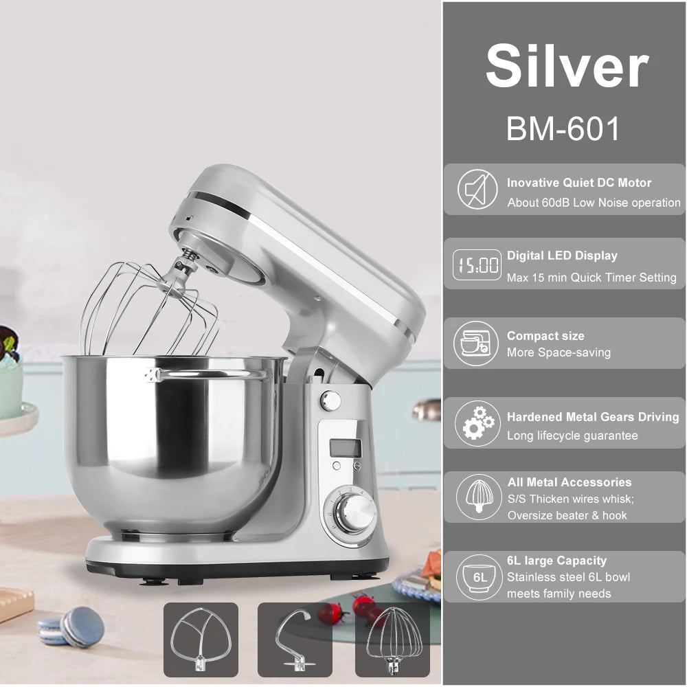 6L 1200W Stand Mixer — Quiet DC Motor, 6-Speed, Dough Kneader & Egg Whisk