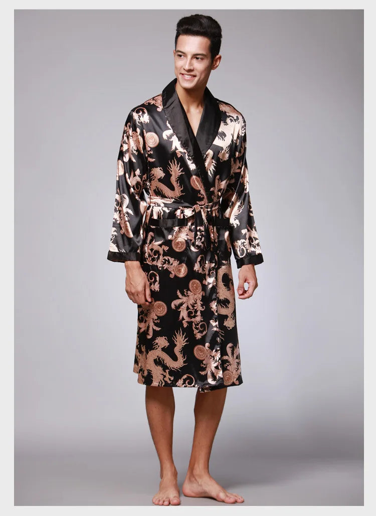 Men's Dragon Print Kimono Bathrobe — Plus Size Satin Robe