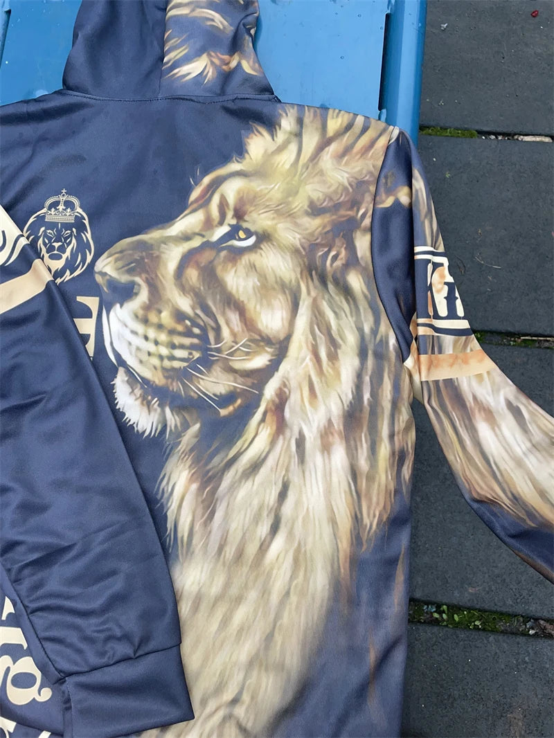 Men's 3D Lion Print Zip-Up Hoodie & Elastic Waist Pants Tracksuit Set
