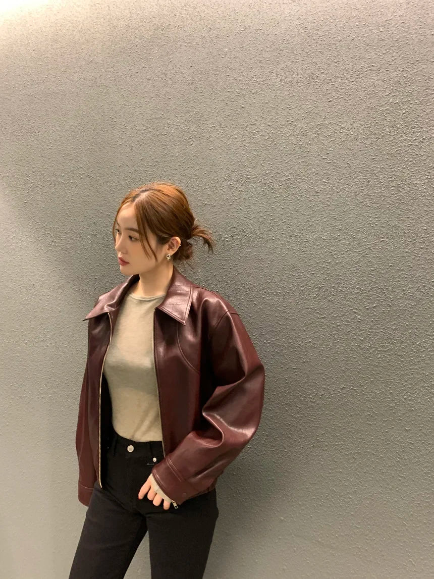 Women's Cropped Faux Leather Jacket – Lapel Zip Front