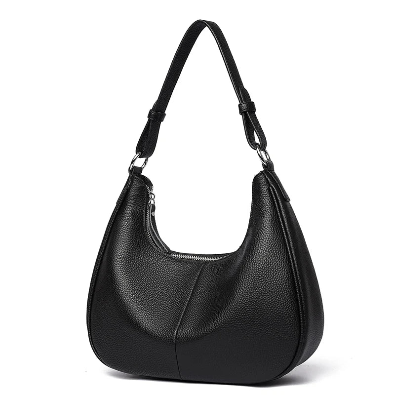 100% Genuine Cowhide Leather Half-Moon Underarm Tote Bag – Crossbody Shoulder Bag for Women