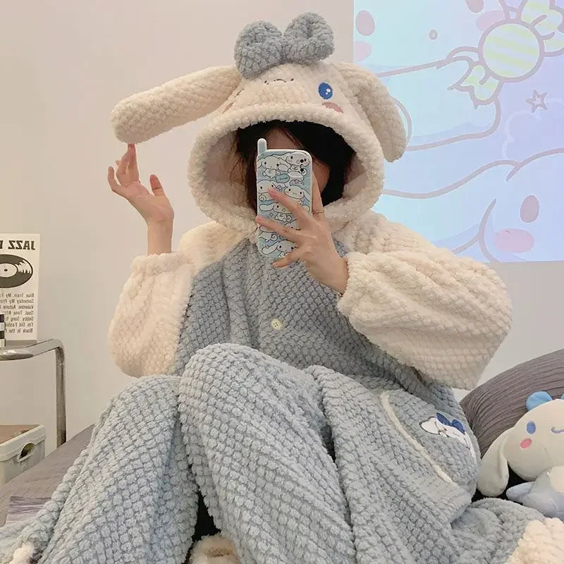 Women's Kawaii Coral Velvet Hooded Pajamas | Thickened Flannel Casual Homewear Suit
